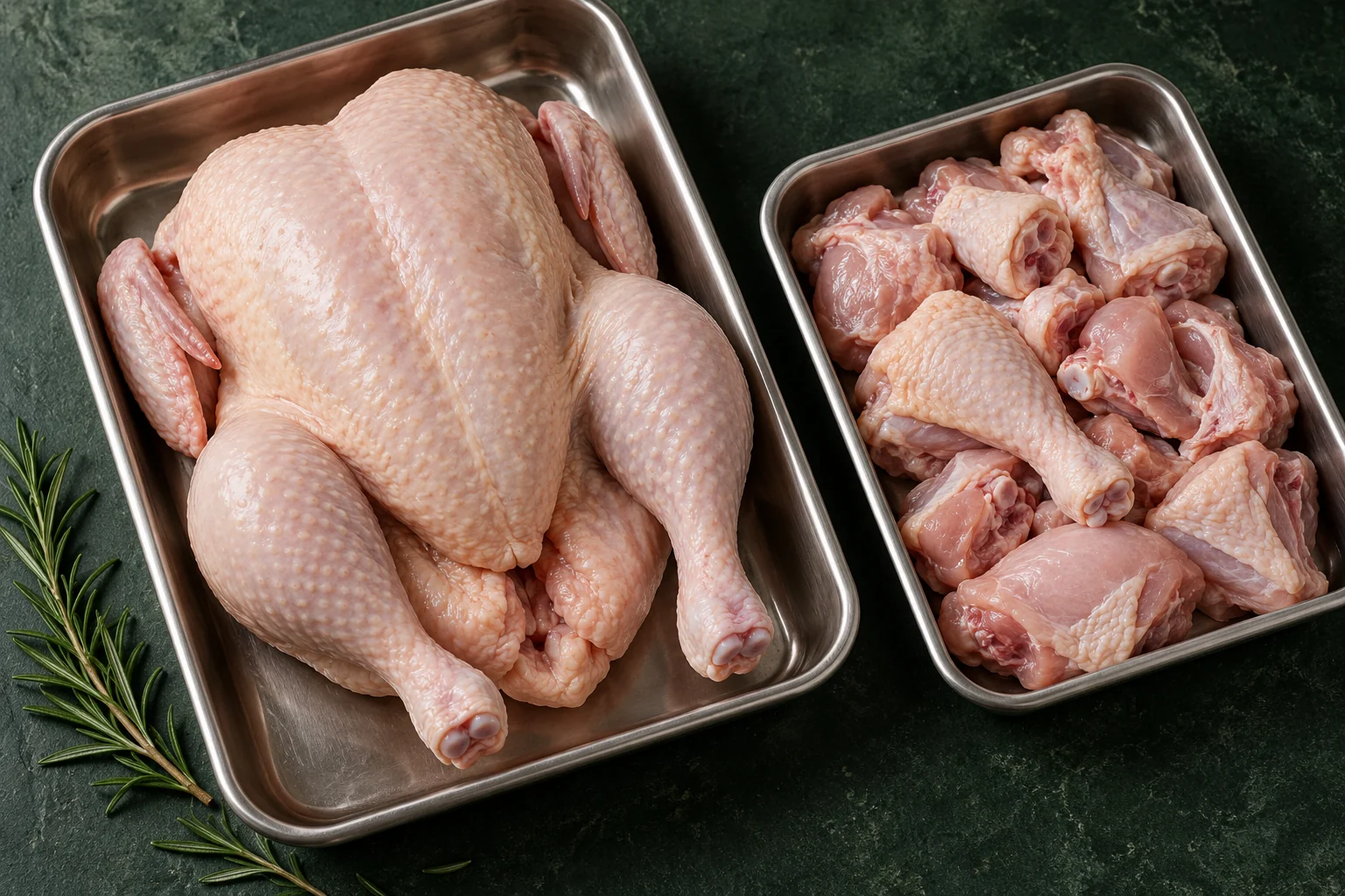 Whole dressed chicken and curry cuts in steel trays